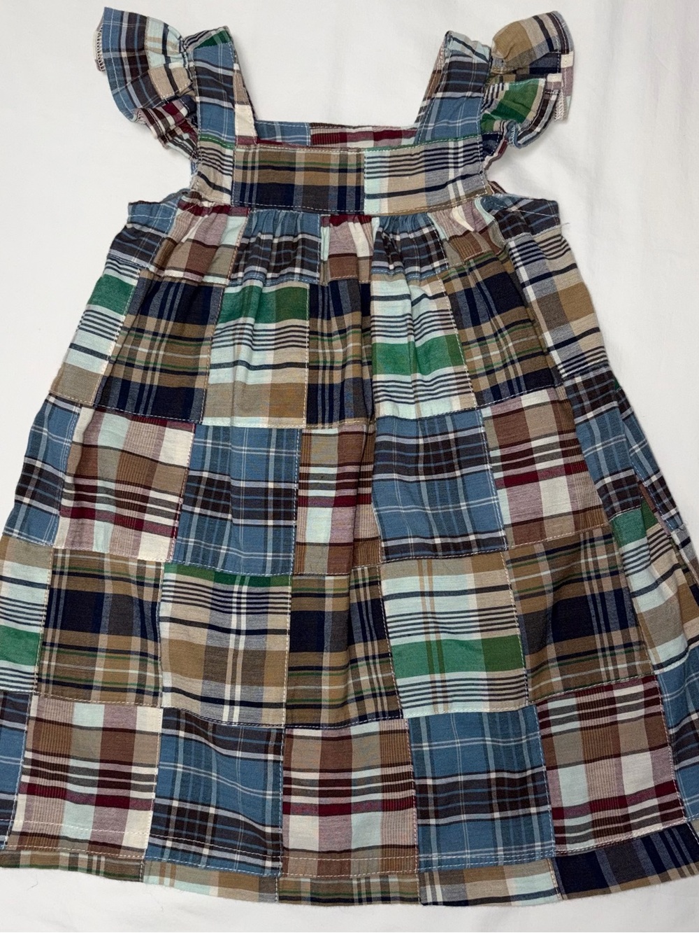 Kelly’s kids patchwork plaid dress in brown and blue sz 12-18 months EUC